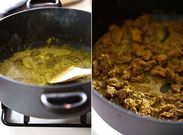 Sauce in a skillet and beef in another.