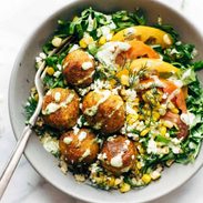 A picture of Summer Bliss Bowls with Sweet Potato Fritters and Jalapeño Ranch