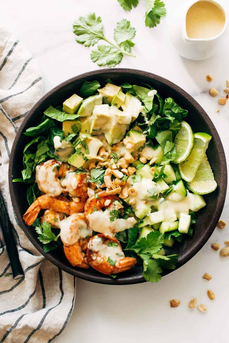 Shrimp and miso salad in a bowl.