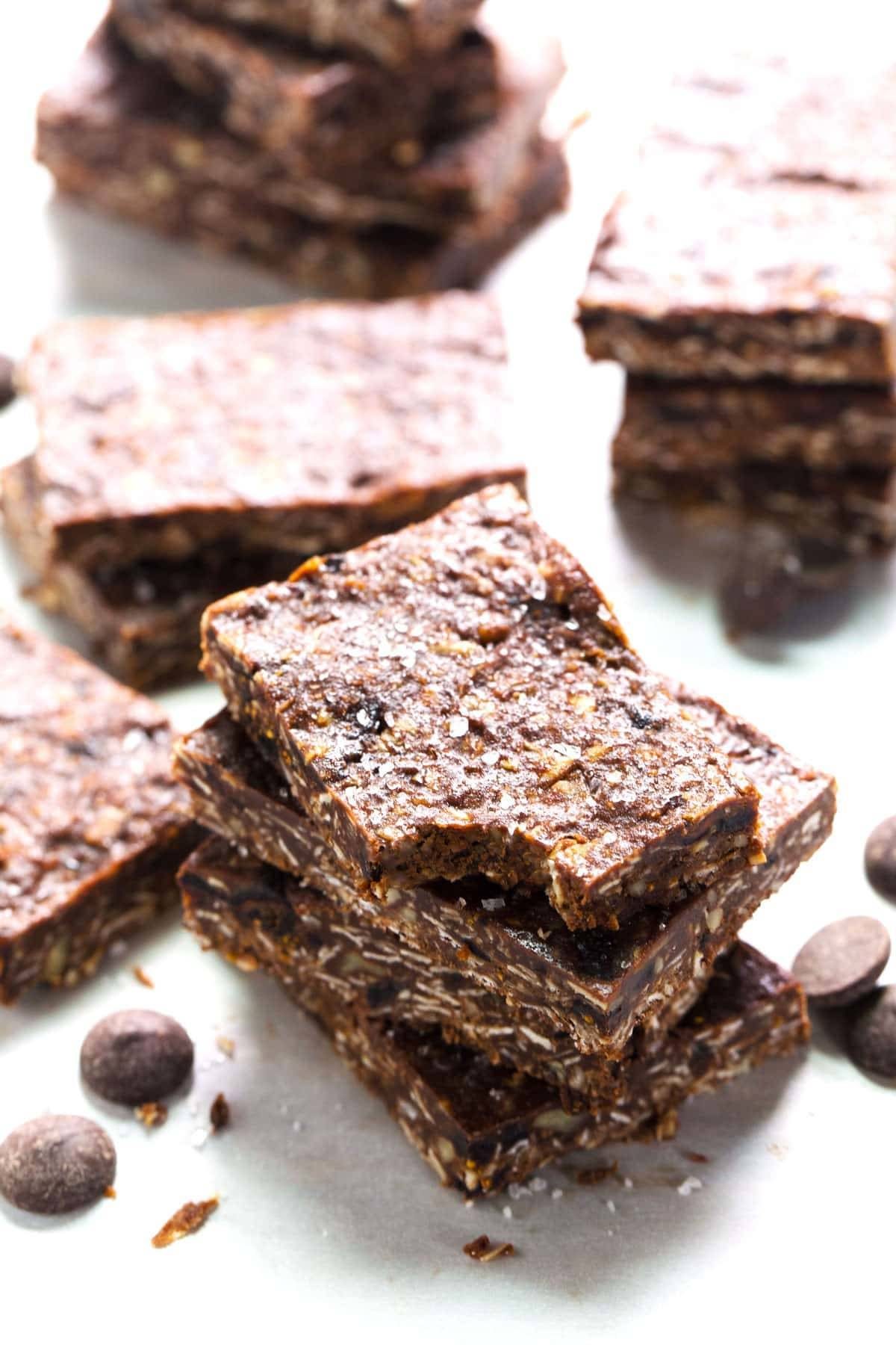 Dark chocolate bars stacked on each other.